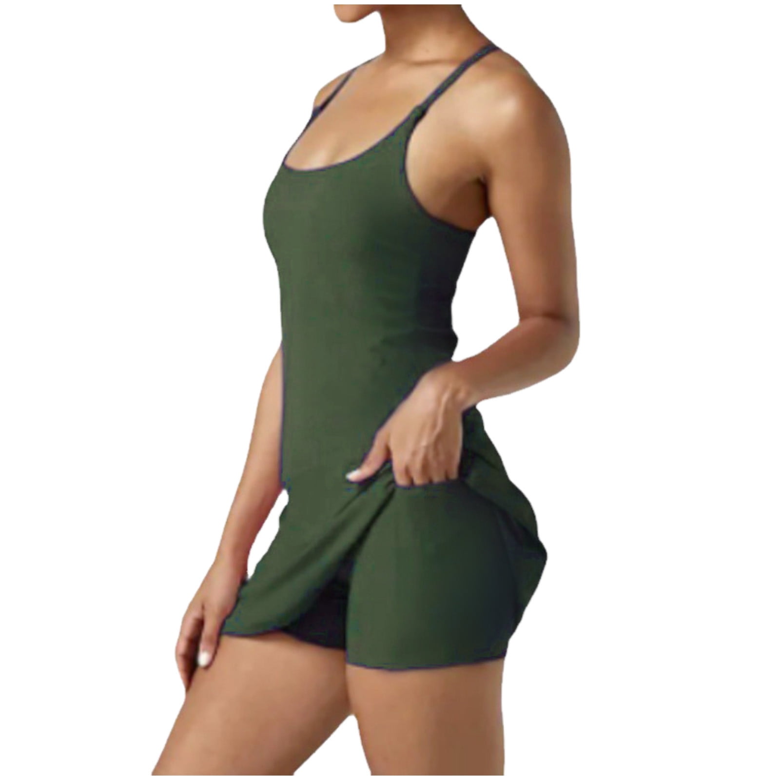 HJYCHN Women Square Neck Sleeveless Tennis Athletic Workout Yoga Dress with Side Slit Flare Casual Comfort Fit Army Green S