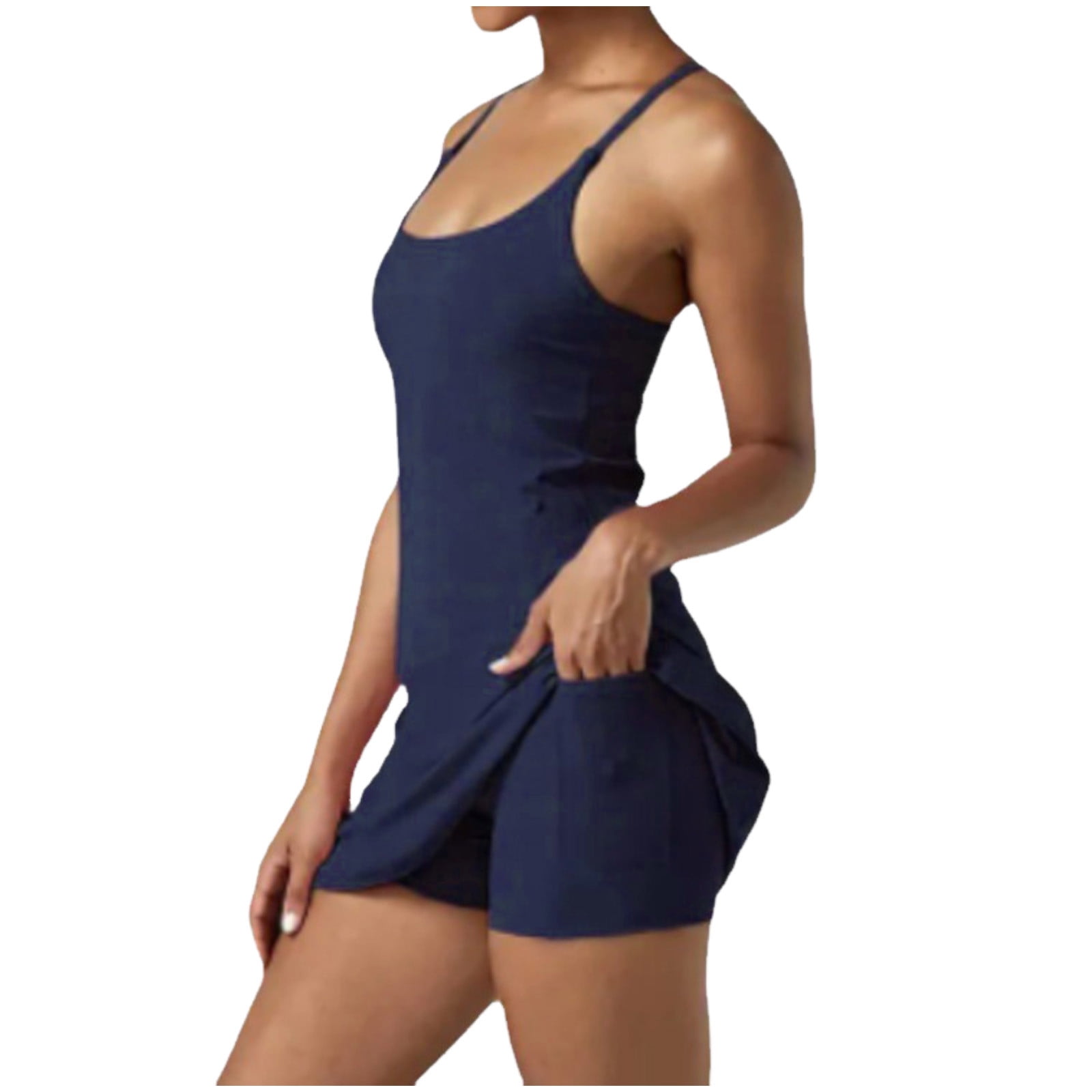 HJYCHN Women Square Neck Sleeveless Tennis Athletic Workout Yoga Dress with Side Slit Flare Casual Comfort Fit Dark Blue L