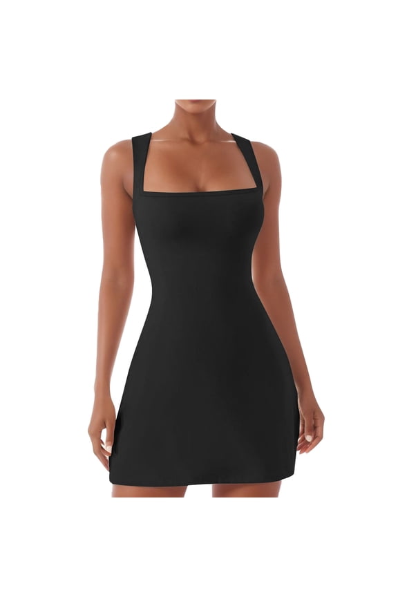 Women Square Neck Stretch Flare Mini Dress Sleeveless Tank Top Bodice Casual Outfit Comfortable Elegant Daywear Lightweight Flowy Feminine Style Black M