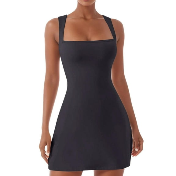 HJYCHN Women Square Neck Stretch Flare Mini Dress Sleeveless Tank Top Bodice Casual Outfit Comfortable Elegant Daywear Lightweight Flowy Feminine Style Grey M