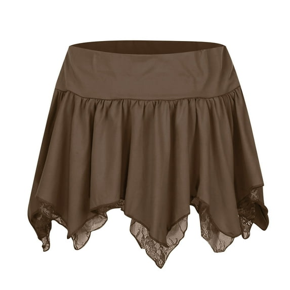 HJYCHN Women Stylish Double Layer Lace Asymmetrical Low Waist Short Skirt for Fall Fashion Brown XS