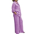 thumbnail image 1 of HJYCHN Women Summer Two Piece Outfit Set with Long Sleeve Blouse and Flowy Wide Leg Pants for Casual Comfort and Beach Wear Purple M, 1 of 5