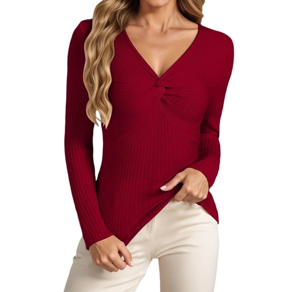 HJYCHN Women Sweater Solid Color Slim Fit Long Sleeve Pullover Sweater for Casual Wear V-Neck Elegant Sweaters Wine XL