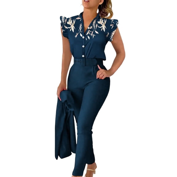 HJYCHN Women Trousers Suit Casual Fashion Print Ruffle Sleeve Vest with Pant Set Chic Style Outfits Ruffle Sleeve Vest and Pant Sets Fashion Forward Blue L