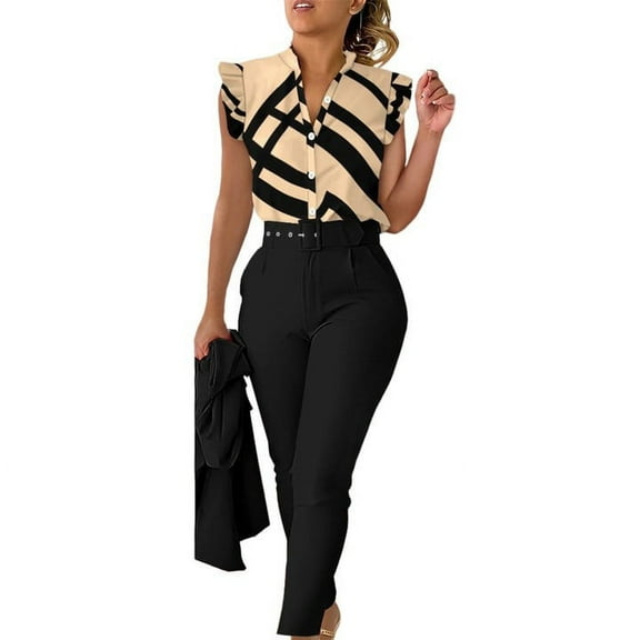 HJYCHN Women Trousers Suit Casual Fashion Print Ruffle Sleeve Vest with Pant Set Fashionable Ensemble Outfits Print Ruffle Sleeve Sets Trendy Wear Black L