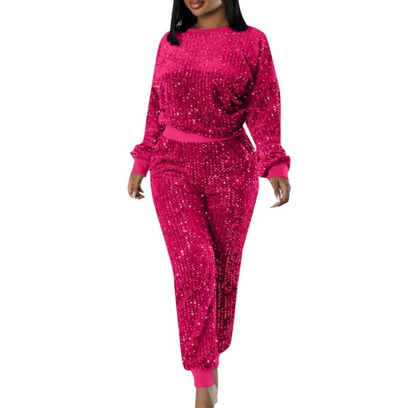 HJYCHN Women Trousers Suit Casual Fashion Sequins Velvet Round Necked Blouse Set Glamorous Wear Outfits Sequins Blouse Sets Evening Attire Hot Pink XXL