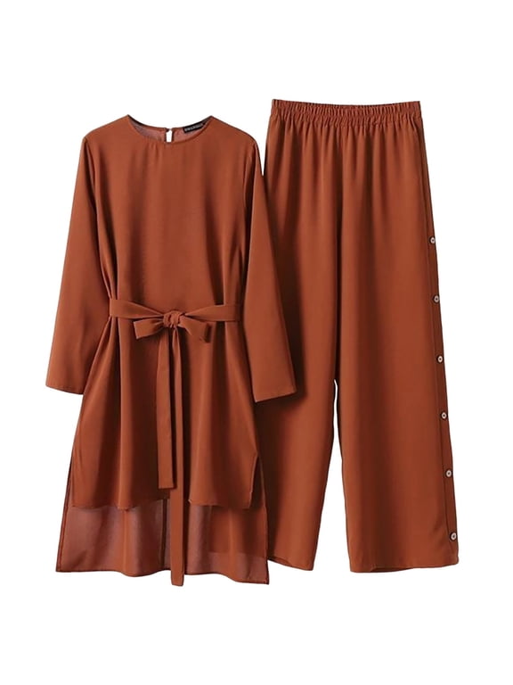 Women Trousers Suit Casual Solid Retro Plus Size Shirt with Long Pant Modest Fashion Outfits Retro Plus Size Shirt Sets Elegant Style Red L
