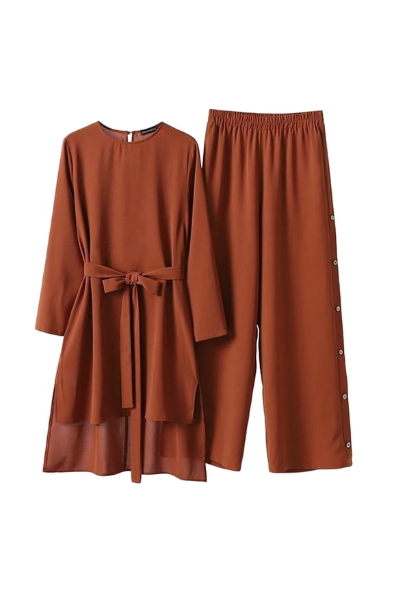 Women Trousers Suit Casual Solid Retro Plus Size Shirt with Long Pant Modest Fashion Outfits Retro Plus Size Shirt Sets Elegant Style Red S