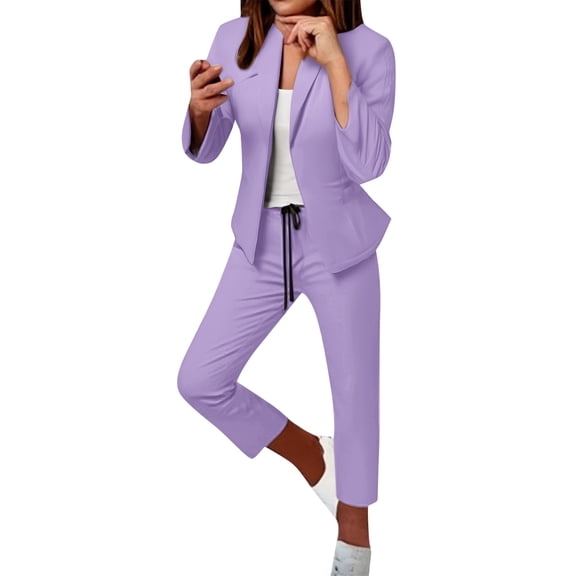 HJYCHN Women Trousers Suit Elegant Solid Color Cardigan with Pockets and Elastic Pants Business Casual Outfits for Women Elegant Cardigan Sets Office Wear Purple XXXL
