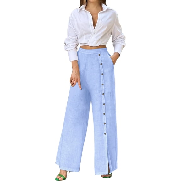 HJYCHN Women Trousers Suit Fashion Casual Solid Lapel Shirt with Loose Pants Set Lapel Shirt Outfits Loose Pants Sets Elegant Everyday Wear Blue L