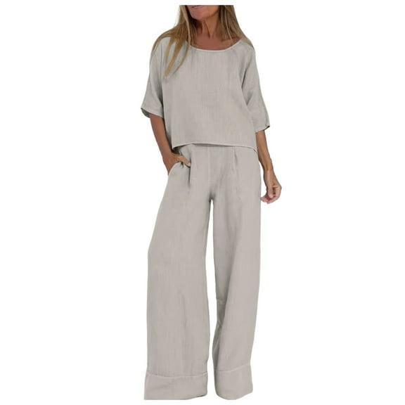 HJYCHN Women Trousers Suit Fashion Solid Casual Loose Quarter Sleeve Wide-Leg Pantsuit Everyday Elegance Outfits Quarter Sleeve Pantsuits Versatile Wear Grey M