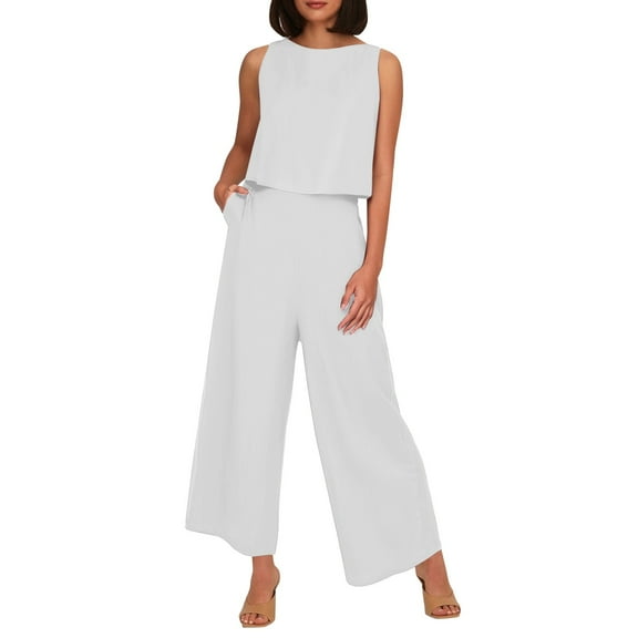 HJYCHN Women Trousers Suit Solid Color Linen Sleeveless Vest and Wide-Leg Pants Set Daily Use Outfits Linen Vest and Pants Practical Stylish Wear White S