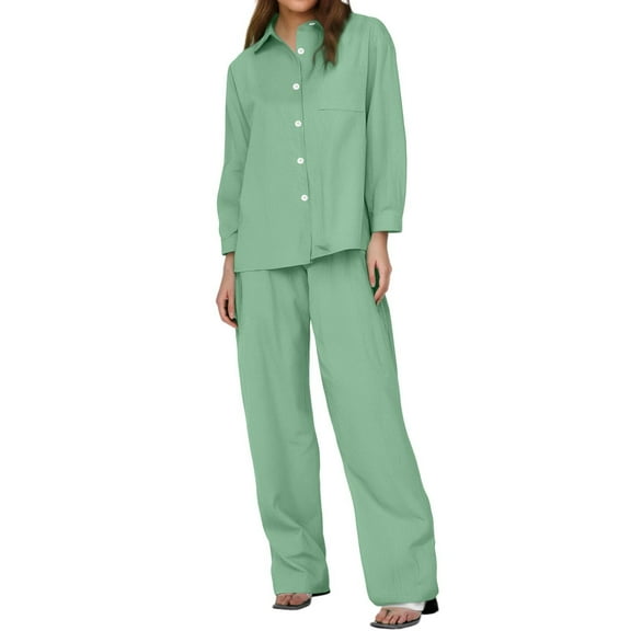 HJYCHN Women Trousers Suit Solid Color Long Sleeve Linen Shirt and High Waist Pants Elegant Outfits Linen Shirt and Pants Sets Sophisticated Daily Wear Green S