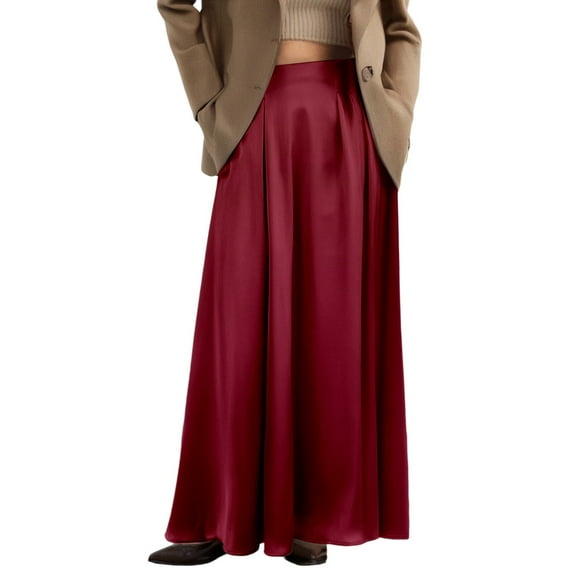 HJYCHN Women's A-line Satin Long Skirt for Daily Commuting Spring Fall Wear with Stretch Fabric Wine M