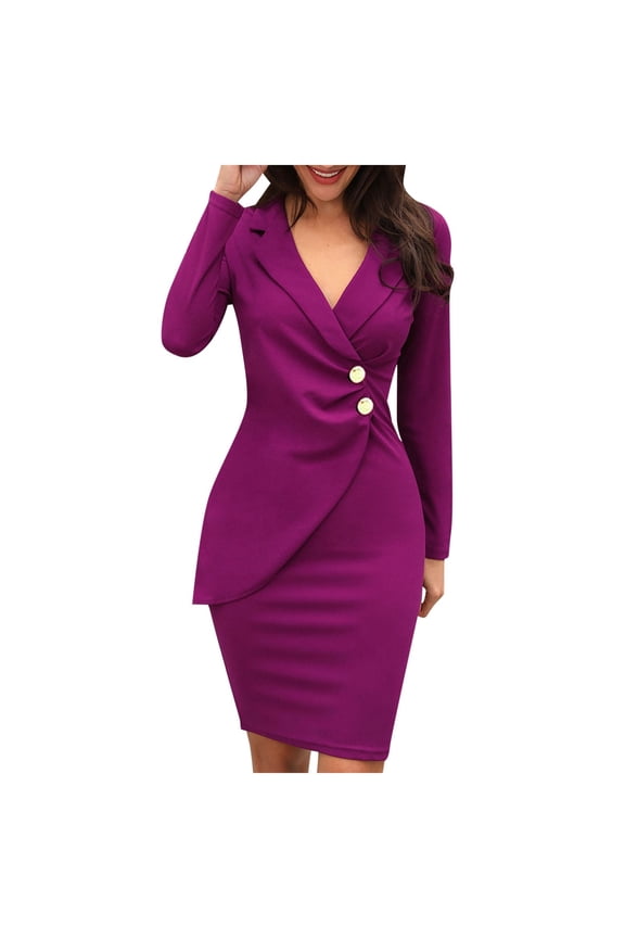Women's Autumn Pencil Dress Button Down Career Midi Style Form Fitting Work Attire Elegant Daily Wear Purple XXXL