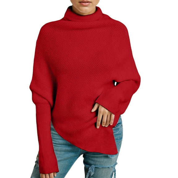 HJYCHN Women's Autumn and Winter Irregular High Neck Solid Sweater Loose Knit Sweaters for Winter Season Red One Size
