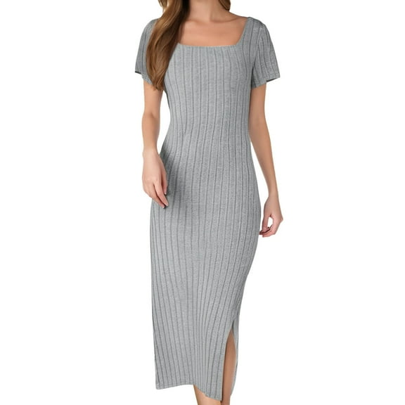 HJYCHN Women's Bodycon Casual Short Sleeve Square Neck Midi Length Knit Fabric Side Slit Ribbed Stretch Design Grey XXL