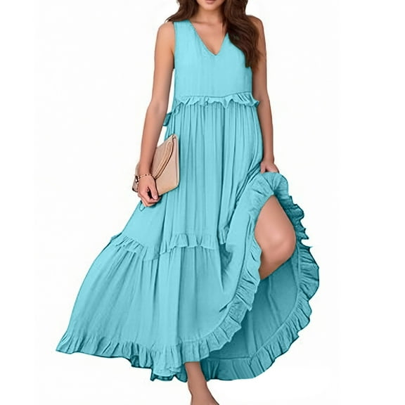 HJYCHN Women's Bohemian Elegant Long Sleeveless V-Neck Tiered Ruffle Hem Flowy Maxi Dress for Casual Beach Wear Light Blue S