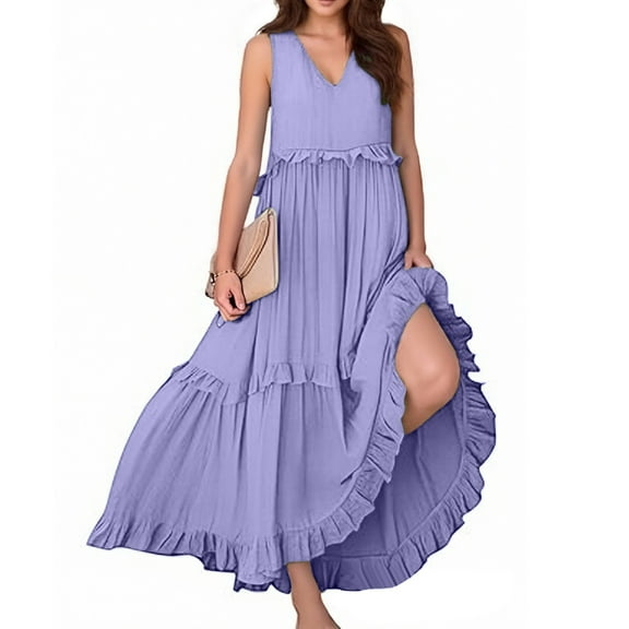 HJYCHN Women's Bohemian Elegant Long Sleeveless V-Neck Tiered Ruffle Hem Flowy Maxi Dress for Casual Beach Wear Purple S