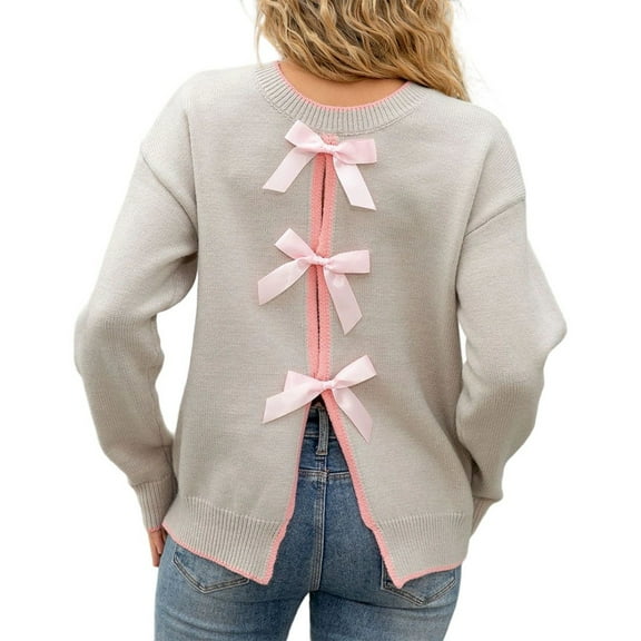 HJYCHN Women's Bow Tied Back Knit Sweater with Bow Back Sweaters for Women for Fashion Grey L