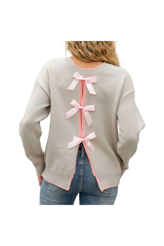 Women's Bow Tied Back Knit Sweater with Bow Back Sweaters for Women for Fashion Grey M