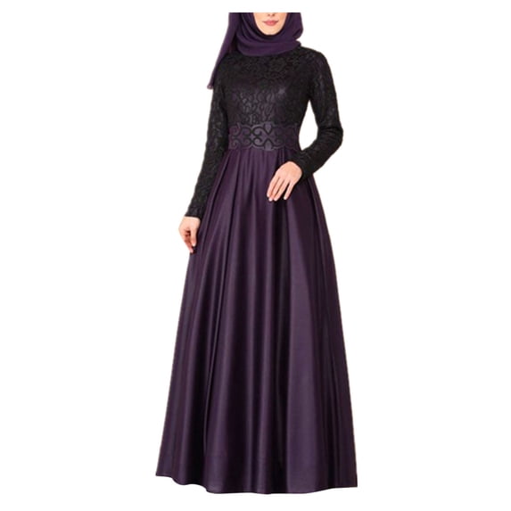 HJYCHN Women's Casual Dresses Arab Abaya Dress with Stitching Lace Detail Kaftan Maxi Style Long Robe Long Sleeve Dress for Women Purple S