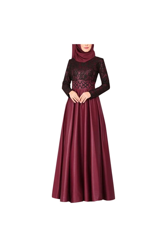 Women's Casual Dresses Arab Abaya Dress with Stitching Lace Detail Kaftan Maxi Style Long Robe Long Sleeve Dress for Women Red S
