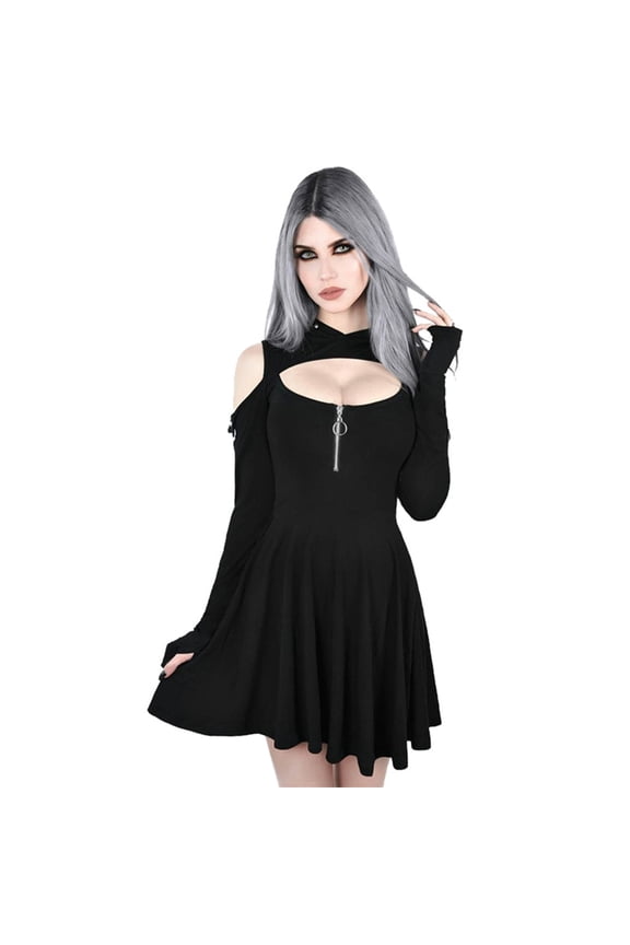 Women's Casual Dresses Gothic Style Mini Dress with Zipper Detail Low Cut Shoulder and Hooded Cut in Solid Color Party Dresses for Women Black XXXXXL
