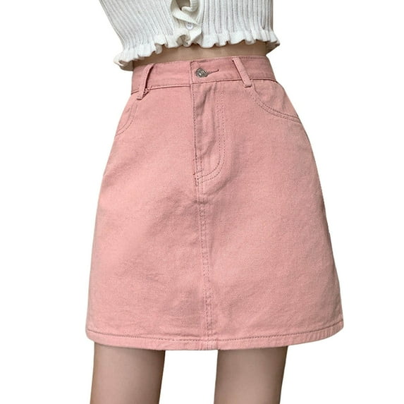HJYCHN Women's Casual High Waist Flowy Midi A-line Skirt Solid Color Daily Wear Outfit for Spring Fall Seasons Pink L