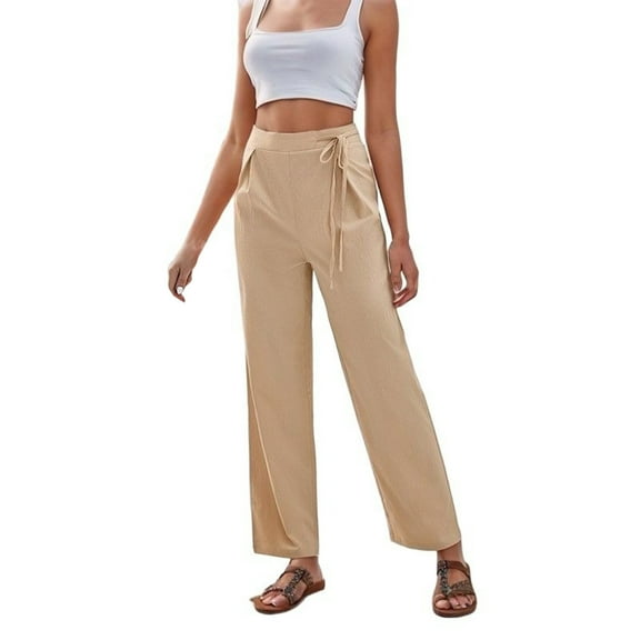 HJYCHN Women's Casual High Waisted Wide-Leg Trousers with Drawstring Elastic Waist Comfortable Flowy Solid Straight Pants for Everyday Wear Beige XL
