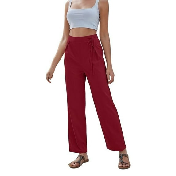 HJYCHN Women's Casual High Waisted Wide-Leg Trousers with Drawstring Elastic Waist Comfortable Flowy Solid Straight Pants for Everyday Wear Wine XL