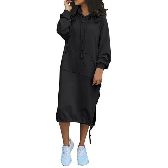 HJYCHN Women's Casual Hooded Long Sleeve Solid Pocket Dress for Everyday Comfort and Versatile Style Black L