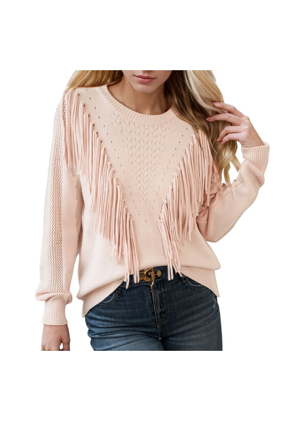 Women's Casual Knitted Pullover Sweater with Elegant Fringe Tassel Details and Comfortable Crewneck Design for Everyday Wear Pink M