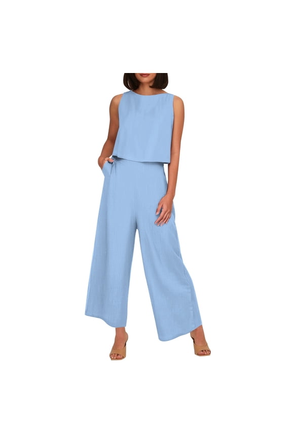 Women's Casual Loose Fit Trousers Suit Set Spring Summer Everyday Comfortable Pants Outfit with Easy Care Machine Washable Fabric Outfits Loose Fit Sky Blue L