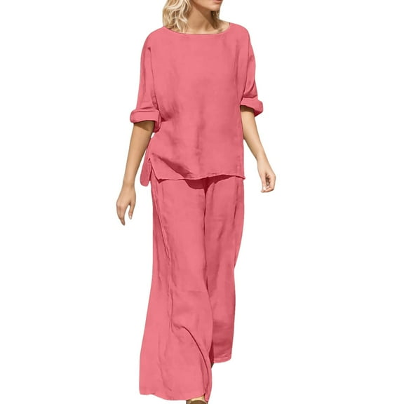 HJYCHN Women's Casual Outfits Trousers Suit Set Comfortable Round Neck Top and Long Pants Outfit for Daily Wear Spring Summer Fall Outfits Watermelon Red S