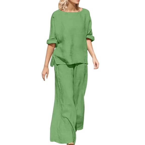 HJYCHN Women's Casual Outfits Trousers Suit Set Comfortable Round Neck Top and Long Pants Outfit for Daily Wear Spring Summer Fall Outfits Green S