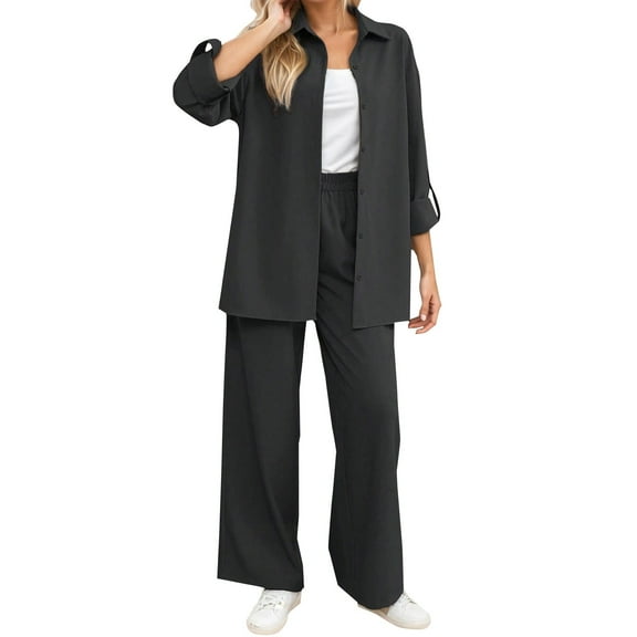 HJYCHN Women's Casual Pants Suit Set 2 Piece Trousers Outfit with Shirt for Daily Wear Outfits Black M