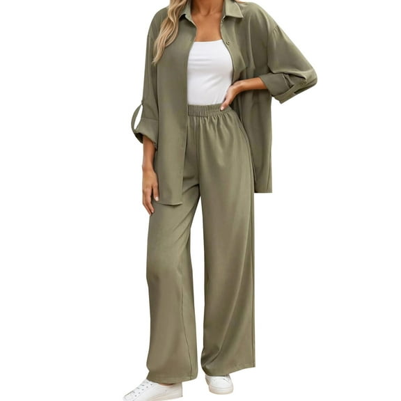 HJYCHN Women's Casual Pants Suit Set 2 Piece Trousers Outfit with Shirt for Daily Wear Outfits Green M