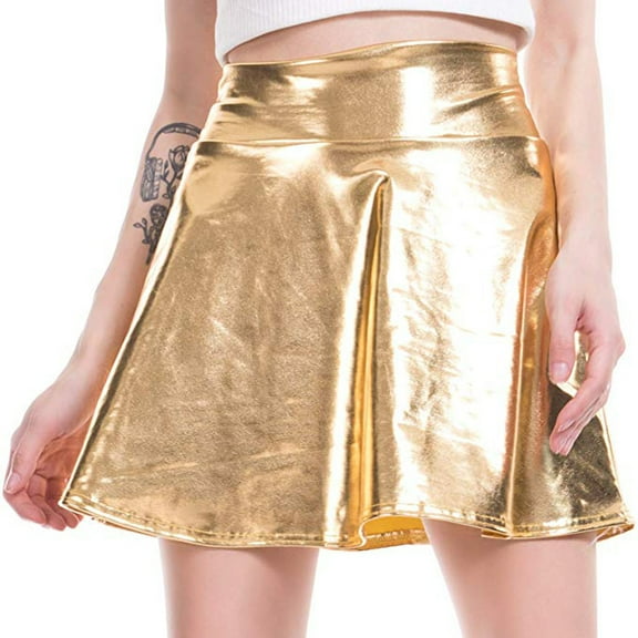 HJYCHN Women's Casual Shiny Flared Pleated A-line Mini Skirt for Fashion Everyday Wear and Party Outfits Gold S