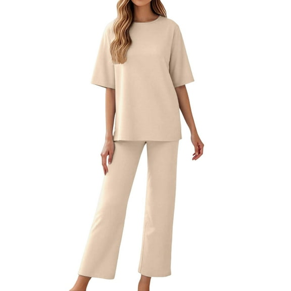 HJYCHN Women's Casual Trousers Suit Set with Round Neck Top and Long Pants Comfortable Outfits for Spring Summer Fall Season Daily Wear Beige S