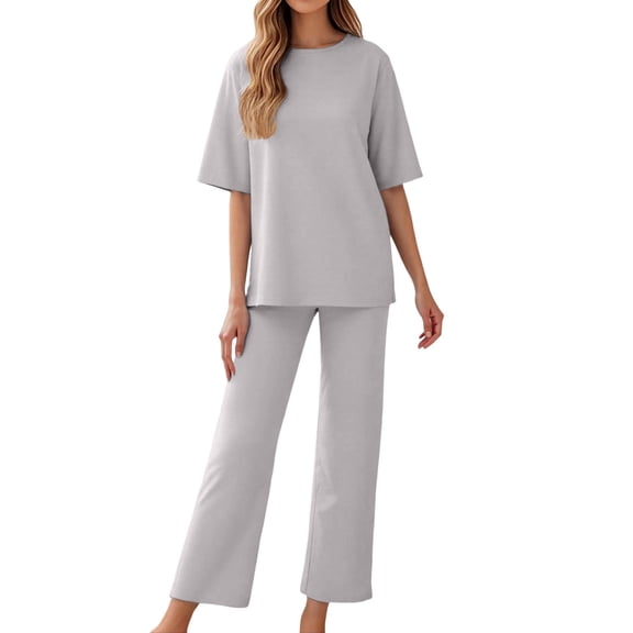 HJYCHN Women's Casual Trousers Suit Set with Round Neck Top and Long Pants Comfortable Outfits for Spring Summer Fall Season Daily Wear Grey M