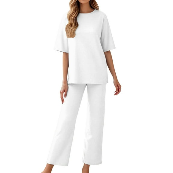 HJYCHN Women's Casual Trousers Suit Set with Round Neck Top and Long Pants Comfortable Outfits for Spring Summer Fall Season Daily Wear White S