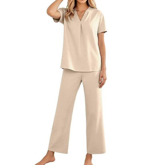 HJYCHN Women's Casual V-Neck Trousers Suit Set for Daily Wear with Pants Spring Summer Fall Outfits Beige M