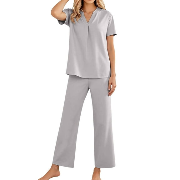 HJYCHN Women's Casual V-Neck Trousers Suit Set for Daily Wear with Pants Spring Summer Fall Outfits Grey S