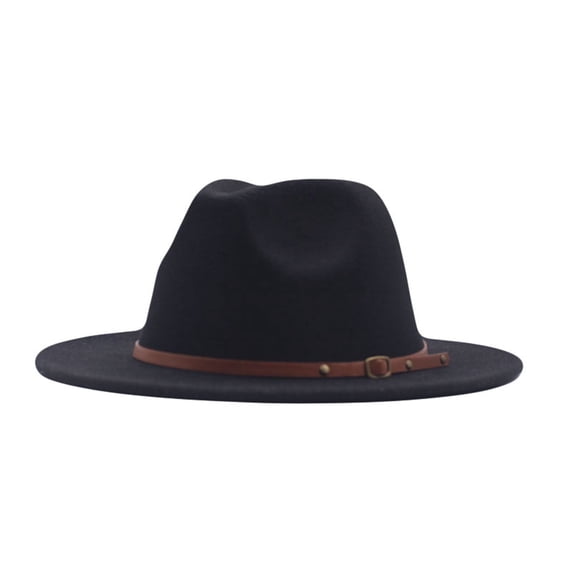 HJYCHN Women's Classic Wool Panama Fedora Hat with Wide Brim and Belt Buckle Design Black One Size