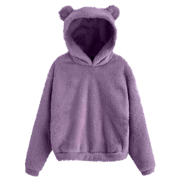 HJYCHN Women's Cute Bear Ears Hooded Sweatshirt Lined Warm Pullover Top Casual Loose Fall Outwear for Fashionable and Cozy Style Purple XXXXL