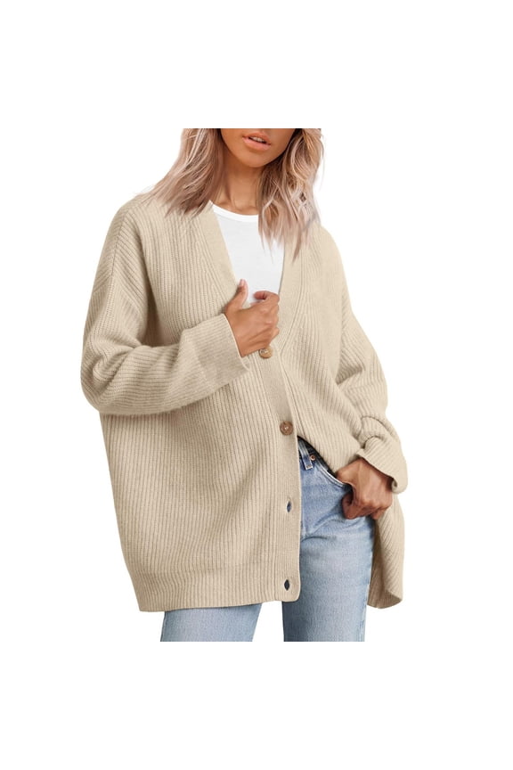 Women's Elegant Long Sleeve Knitted Open Front Sweater Coat Casual Loose Fit Warm Oversized Cardigan for Daily Wear Beige XXXL