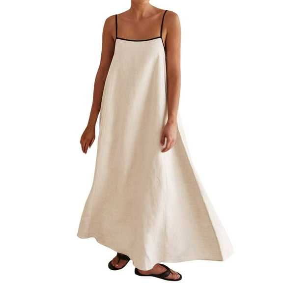 HJYCHN Women's Elegant Maxi Dress with Contrast Trim Detail Spaghetti Straps Sleeveless Long Flowy Beach Holiday Outfit for Travel Casual Wear Beige M