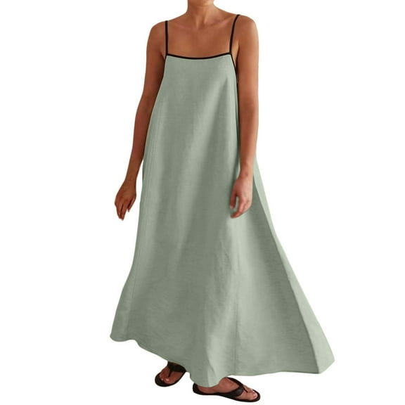 HJYCHN Women's Elegant Maxi Dress with Contrast Trim Detail Spaghetti Straps Sleeveless Long Flowy Beach Holiday Outfit for Travel Casual Wear Light Green S