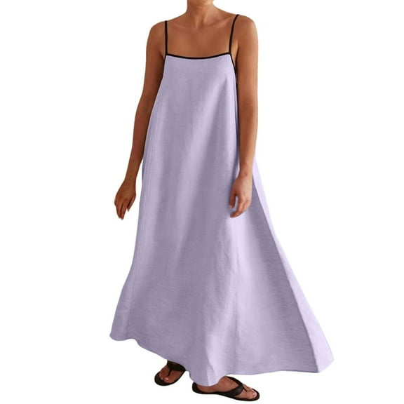 HJYCHN Women's Elegant Maxi Dress with Contrast Trim Detail Spaghetti Straps Sleeveless Long Flowy Beach Holiday Outfit for Travel Casual Wear Light Purple S